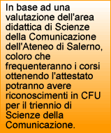 In base ad una valutazione dell'area didattica di Scienze della Comunicazione dell'Ateneo di Salerno, coloro che frequenteranno i corsi ottenendo l'attestato potranno avere riconoscimenti in CFU per il triennio di Scienze della Comunicazione.